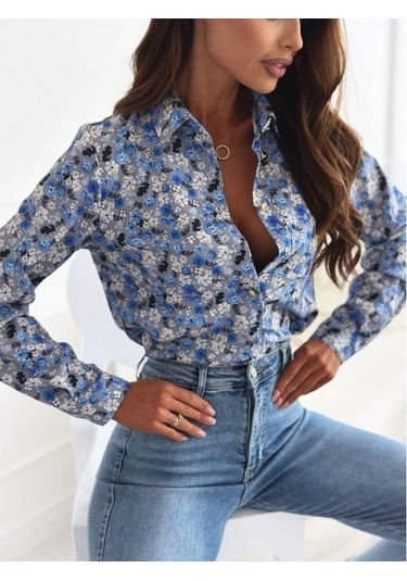 Kadın Uzun Kol Cep Detay Çiçek Baskılı Mosskrep Kumaş Gömlek Mavi