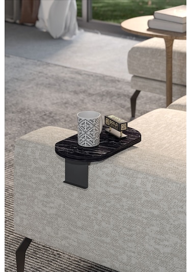 Zigon Sehpa Yan Sehpa Ayarlanabilir Tepsi Oval Dekoratif Modern Yatay Dikey Koltuk Sehpası Bendir Siyah Mermer Desen