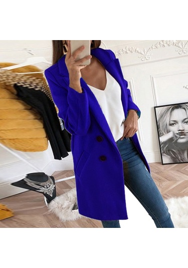 Moda Takım Elbise Yaka Slim Fit Kadın Trençkotu Kraliyet Mavisi