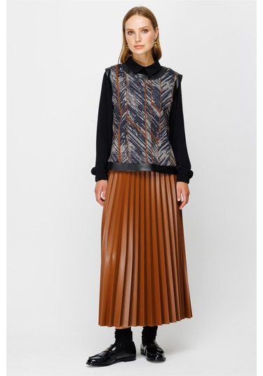 Pilisoley Deri Etekli Tunik Süeter Üçlü Takım Taba