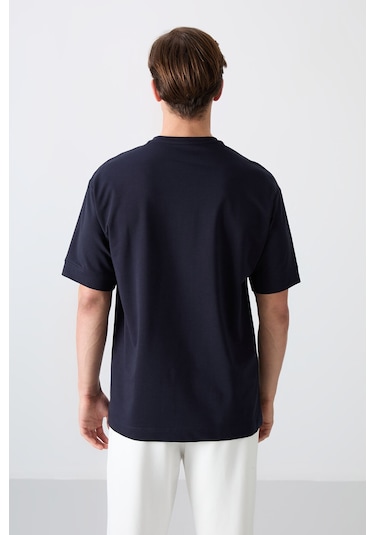 Tommy Life Lacivert Pamuklu Kalın Yumuşak Dokulu Oversize Fit Basic Erkek T-shirt - 88349 Lacivert