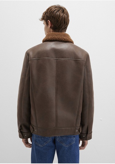 Mavi - Kahverengi Suni Kürk Detaylı Suni Deri Ceket 0110669-70240 Kahverengi