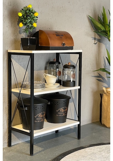 Stally Mutfak Rafı 3 Lü Erzak Malzeme Dolabı Siyah-Beyaz