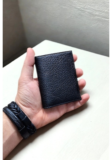 Hakiki Deri Cüzdan Küçük Boy 9 Adet Kart Bölmeli Siyah Siyah