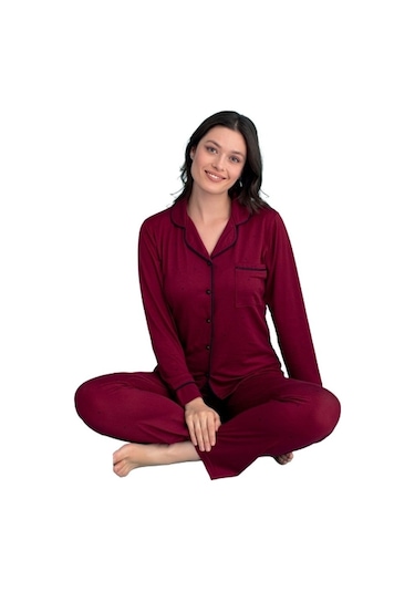 Berna Collection Kadın Pijama Takımı Düğmeli Yumuşak Dokulu Esnek Bordo