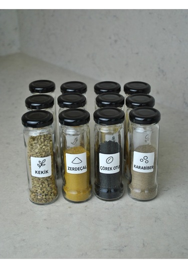12 Adet 105 Cc Cam Baharatlık Seti 105 Ml Sızdırmaz Kapaklı Yuvarlak Baharatlık / 16'lı Etiket Şeffaf-siyah