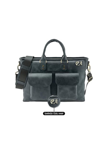 İsme Özel Askılı Cepli Evrak - Laptop Çantası - %100 Rainbow Deri - Ac09002 - Lacivert-130457 Siyah