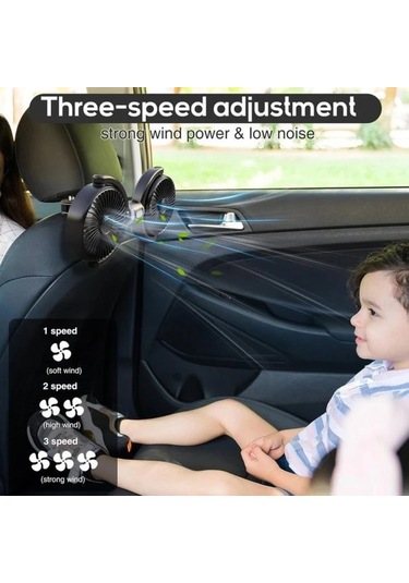 Motion003 1 Adet Siyah Çift Başlıklı Usb Araç Koltuk Fanı Katlanabilir Dönebilir Sessiz Güçlü Rüzgar Kamyonet Suv Sedan Yaz Seyahati