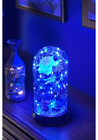 Anneler Gününe Özel Beyaz Gül Mavi Peri Ledli Fanus Lamba Usb'li Yapay Çiçek Dekoratif Hediyelik