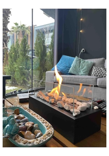 Metal Siyah Bioethanol Masaüstü Şömine Sertifikalı Yakıt Ve Taş H