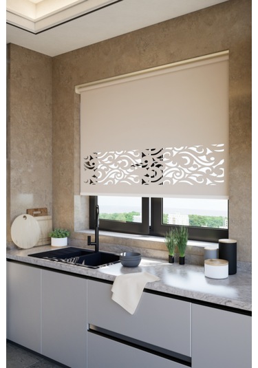 Lazer Kesim Mat Stor Perde, Lazer Kesimli Klasik Serisi, C-8003 Açık Kahverengi Açık Kahverengi