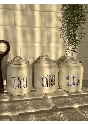 3'lü Porselen 1400ml Tea/coffee/sugar Kavanoz Seti