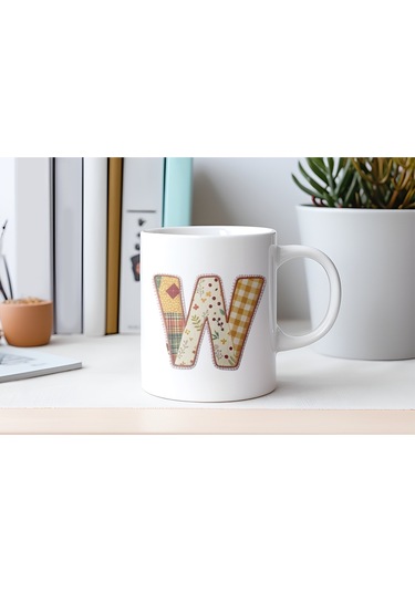 W Harfi Sonbahar Kış Temalı Yamalı Tasarım Kupa Bardak - Etnik Ve Pathwork Severlere Özel Hediye Beyaz