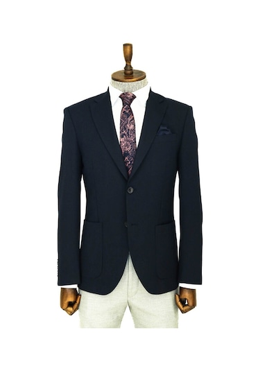 Kendinden Desenli Slim Fit Sivri Yaka Lacivert Erkek Ceket 001