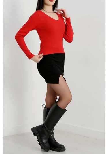 V Yaka Kaşkorse Bluz Kırmızı A3699 Kırmızı