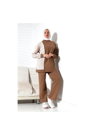 Kadın Mevsimlik Alt Üst Rahat Kahverengi Spor Ikili Tunik Pantolon Şık Tesettür Takım Kahverengi