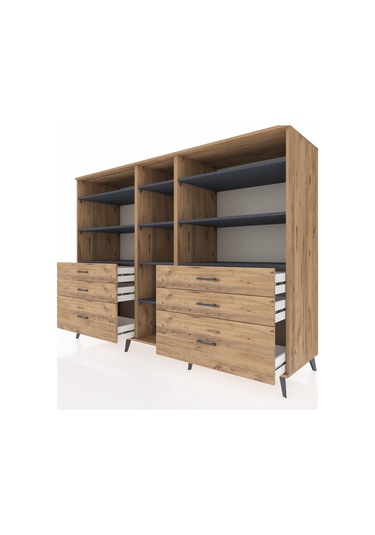 Kronos Dolap 10 Raflı 6 Çekmeceli 220x59x163 Çam-antrasit/çam Çam-antrasit/çam