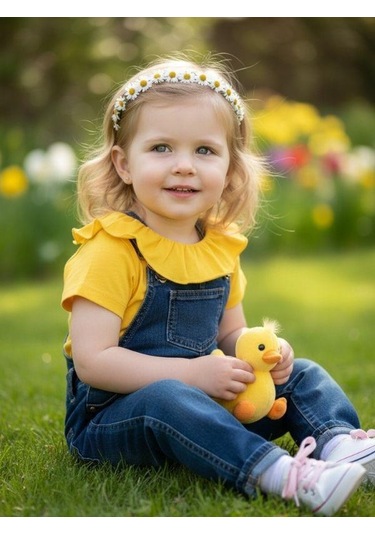 Zekids Kız Bebek Pamuklu Yakası Fırfırlı Basic T-shirt-7460 Sarı