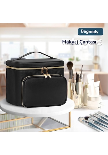 Büyük Makyaj Çantası, Kadınlar Kızlar İçin Taşınabilir Seyahat Makyaj Çantası Makyaj Fırçası Bölmeli, Saplı Ve Ayırıcılı Şık Makyaj Çantası Düzenleyici Kozmetik Çantası - Siyah Altın