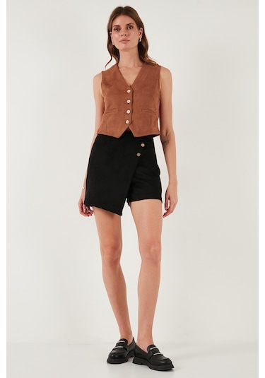 Lela Fitted Scuba Süet V Yaka Düğmeli Bayan Yelek 5865576 Kiremit