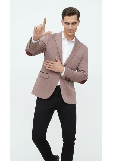 Plus Scorpion Açık Pembe Erkek İtalyan Kesim Blazer Ceket Kol Yamali, Slim Fit, Şık Ve Modern Tasarım Pembe