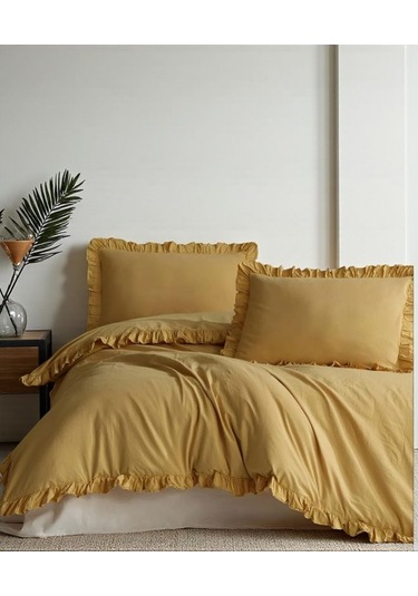 Oksit Sarı % 100 Pamuk Fırfırlı Keten Çift Kişilik Nevresim Takımı 200 X220 Sarı