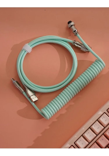 Mekanik Klavyeler İle Uyumlu Coiled Cable- Örgülü Sarmal Type-c Klavye Kablosu Green