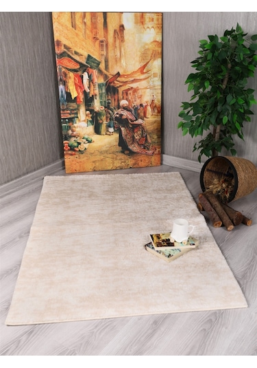 Dekoratif Puffy Peluş Yumuşak Kaymaz Taban Kesme Halı Yolluk Desenli Krem