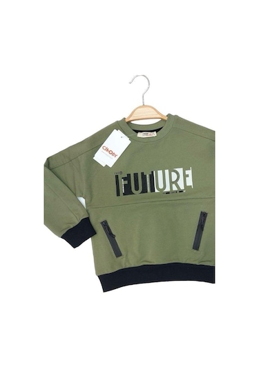 Çikoby Erkek Çocuk Future Baskılı Pamuklu Uzun Kollu Tshirt-13799-haki Haki