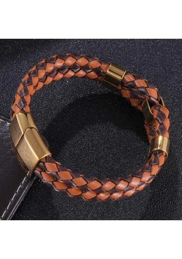 Örme Deri İp Erkek Takı Moda Paslanmaz Çelik Erkek Deri Bileklik Çift Katmanlı Tasarım Çok Renkli Kombinasyon Takı Turuncu