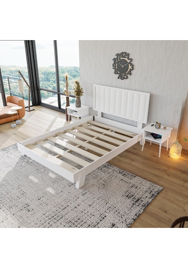 Hüma Model Beyaz Renk Çam Ahşap Karyola Dikey -274 160 x 200 CM