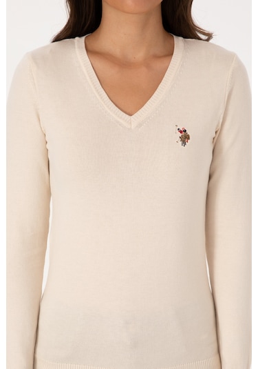 U.S. Polo Assn. Kadın Krem V Yaka Basic Kazak 50307727-VR256
