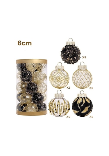 Novahub Siyah 25 Adet 6 Cm Altın Kırmızı Metalik Plastik Top Noel Topları Set Süsleme Noel Ağacı Dekoru Noel Topları Süslemeleri Ev Asılı Dekoratif Toplar Siyah