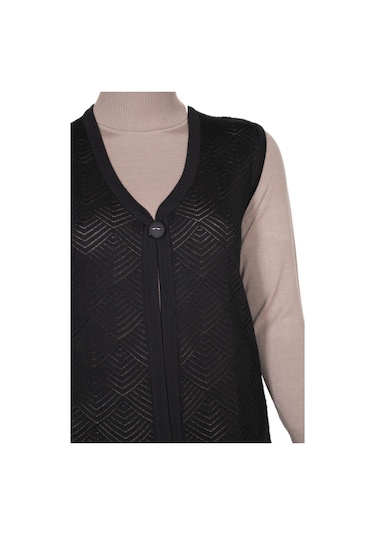 Hesna Kadın Taçlı Triko Ajurlu Broşlu Yelek Siyah Siyah