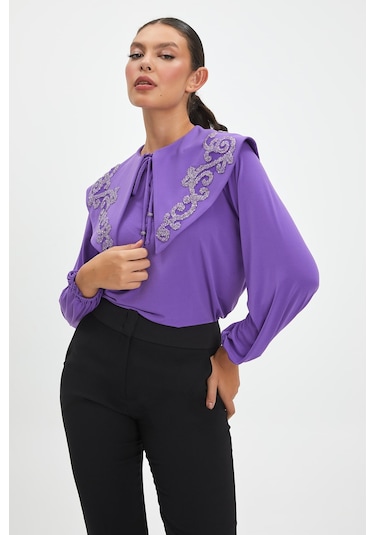 Parıltılı İşlemeli Zarif Yaka Tasarımlı, Balon Kollu Şık Bluz - Özel Günler Ve Günlük Kullanım İçin İdeal Mor
