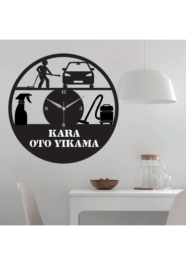 Oto Yıkama Temalı Ahşap Duvar Saati Siyah