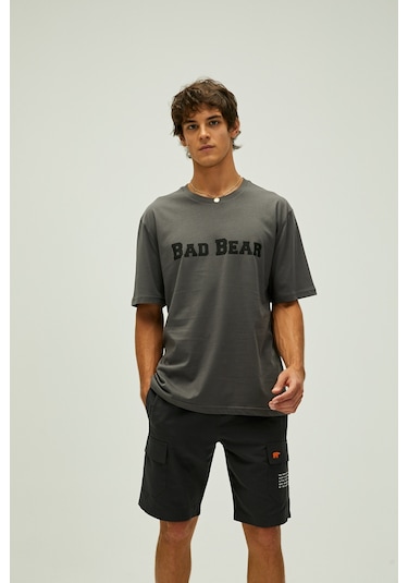 Bad Bear Title Oversize T-shirt Koyu Gri Baskılı Erkek Tişört-asfalt Koyu Gri
