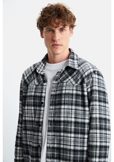 Allenı  Erkek Pamuk Gömlek Yaka Relaxed Oduncu Siyah Gömlek