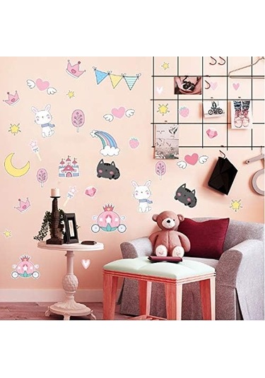 Karikatür Hayvan Bayrak Duvar Sticker Pvc Kendinden Yapışkanlı Çıkarılabilir Kendin Yap Tavşan Kedi Duvar Sticker Bebek Odası Dekorasyonu G77 Y67cm Şeffaf