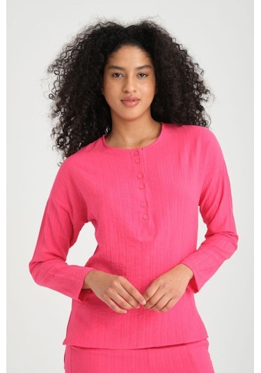 Kadın Dokulu Maya Kumaş Bol Kalıp Salaş Pantolon Uzun Kollu Bluz Ikili Takım 3563320 Pembe