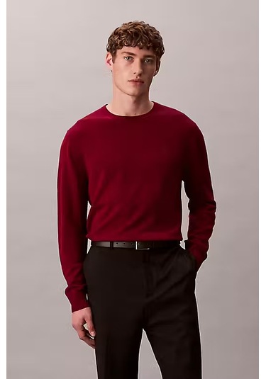 Erkek Regular Fit Merinos Yünü Triko Kazak - Bordo Beet Red