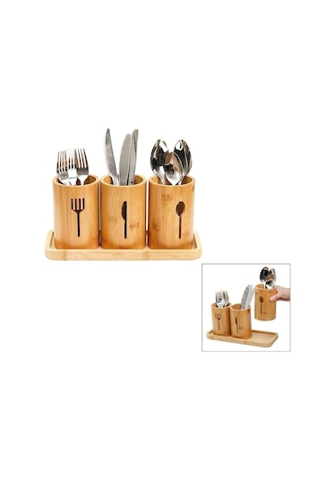 Bambu Kaşıklık 3 Bölmeli Tezgazüstü Kaşıklık