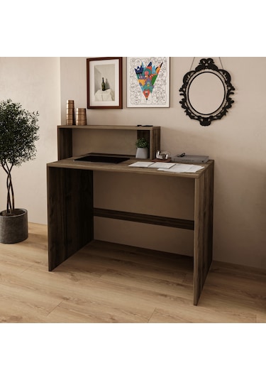 Amber Çalışma Masası Raflı, Modern Bilgisayar Masası Ceviz