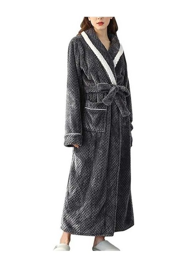 Flybuy Bayan Sabahlık Flanel Cepli Bornoz Kadın Erkek Kış Gecelik Uzun Kollu Sıcak Bornoz Gri