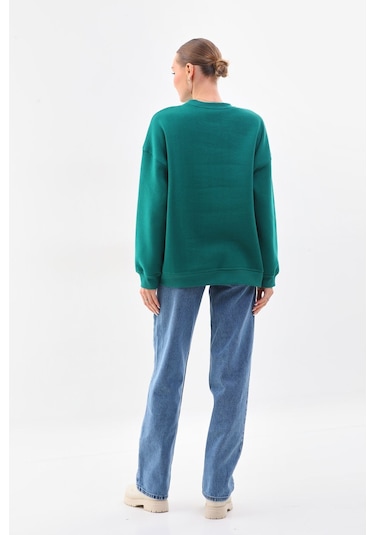 Kallima Oversize Baskılı İçi Polarlı Yeşil Kadın Sweatshirt Yeşil
