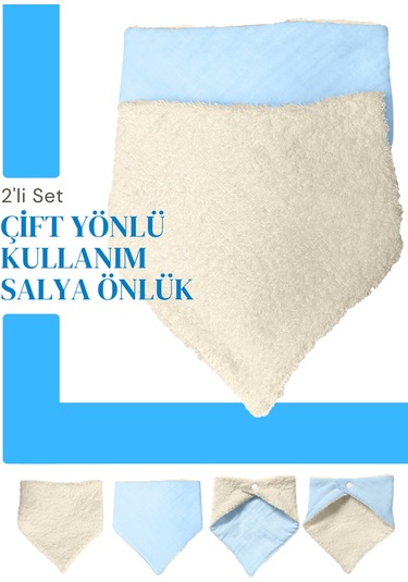 Bebek Ağız Bezi Salya Önlüğü Fular Çok Amaç 2'li M-bej Krem - Mavi