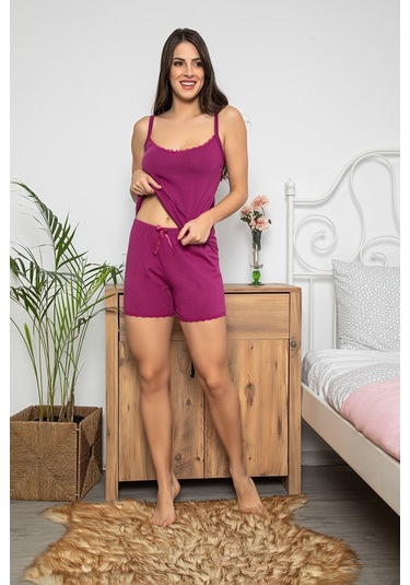 Kadın Mor Renkli Dantel Detaylı Şortlu Ve Taytlı Pijama Takımı 3'lü Set 75022 Mor