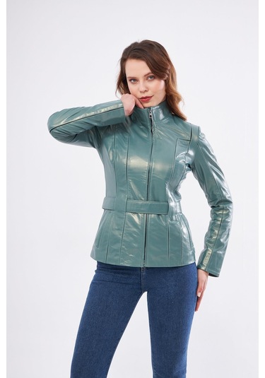 Derinss Dka2364 Hakiki Deri Kadın Yeşil Mont 001