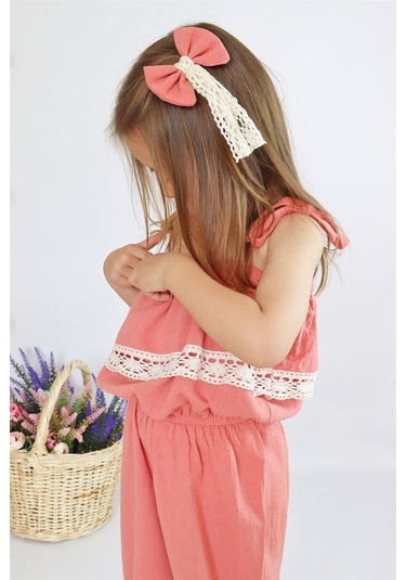 Kız Çocuk Pera Somon Şile Bezi Askılı Dantel Detaylı Tulum Toka Takım Tlm-0059.12 Somon