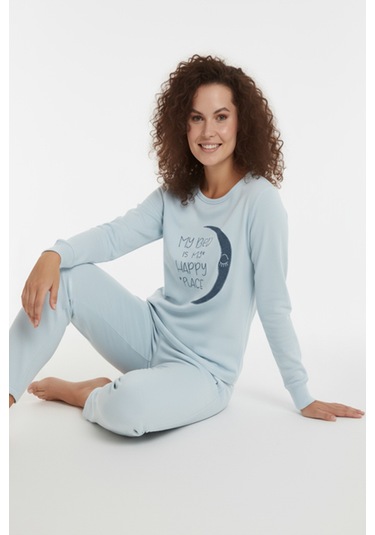 Luxury Thermal Hilal Desenli Kadın Polar Kışlık Pijama Takımı 42064 Lacivert